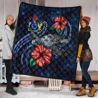 Cook Islands Polynesian Premium Quilt - Blue Turtle Hibiscus - Polynesian Pride