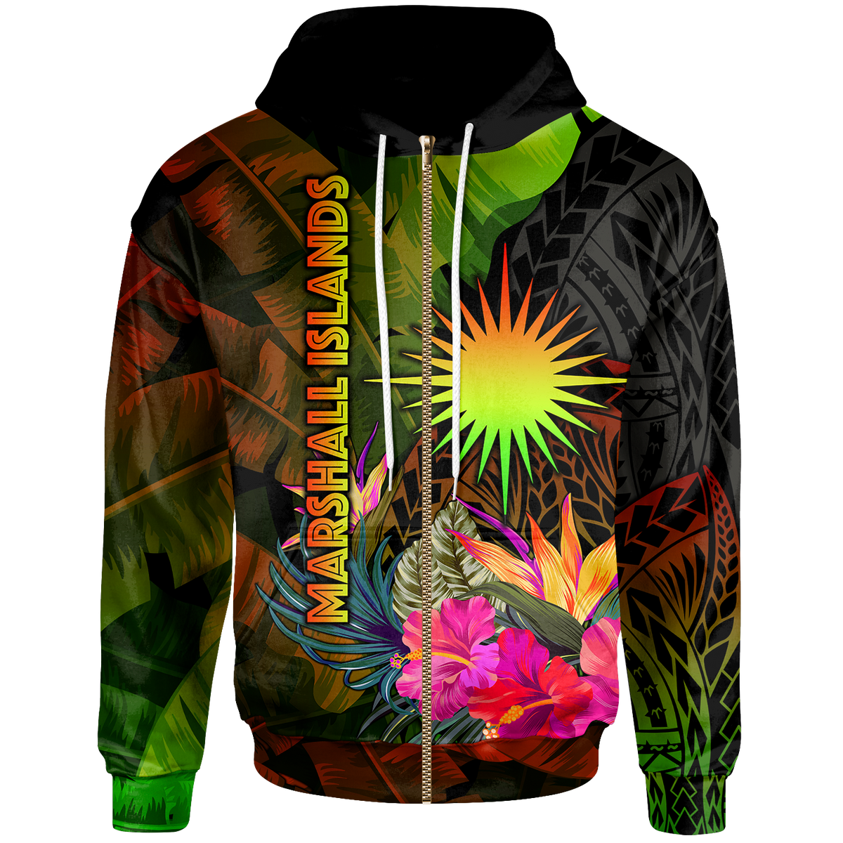Marshall Islands Polynesian Zip up Hoodie Hibiscus and Banana Leaves Unisex Reggae - Polynesian Pride