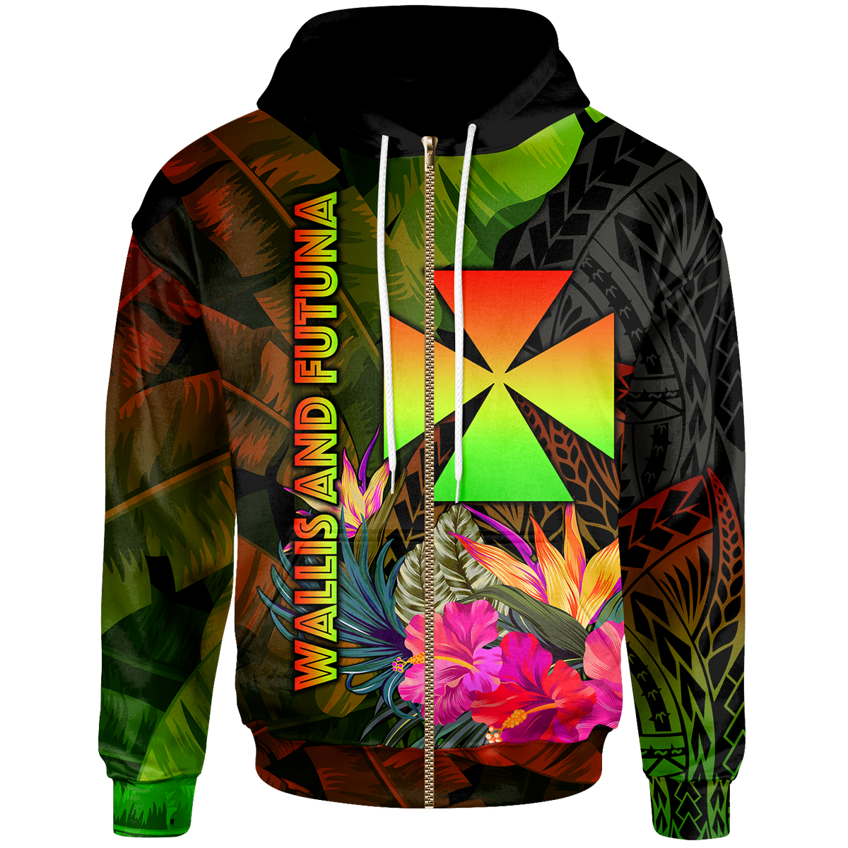 Wallis and Futuna Polynesian Zip up Hoodie Hibiscus and Banana Leaves Unisex Reggae - Polynesian Pride