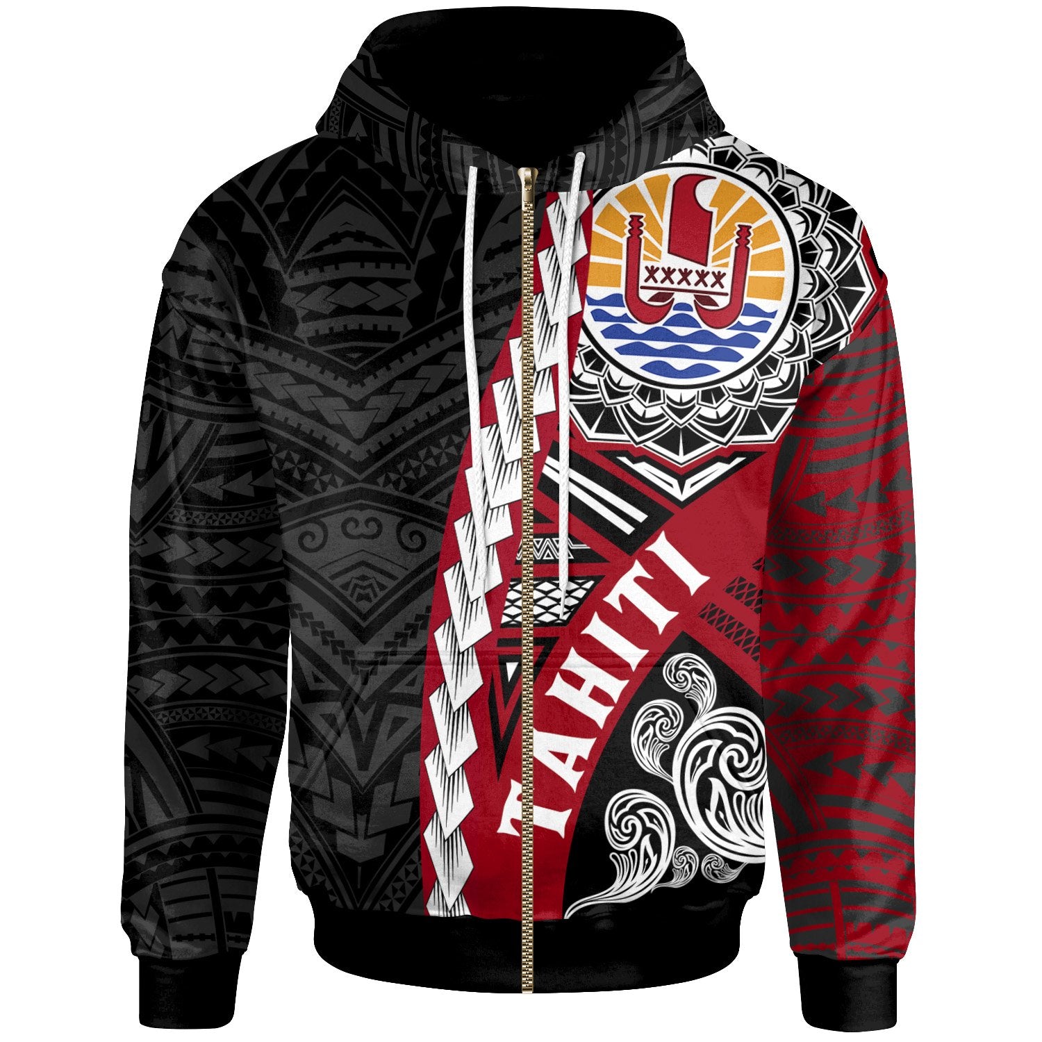 Tahiti Polynesian Zip up Hoodie Wave Tattoo Unisex Red - Polynesian Pride