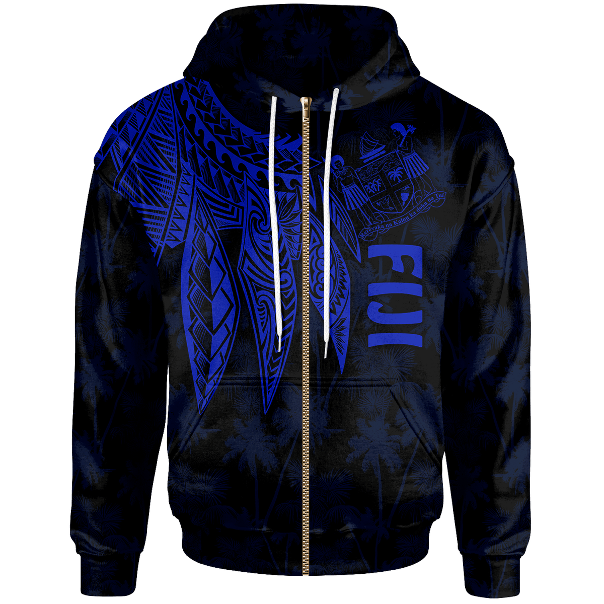 Fiji Zip up Hoodie Polynesian Wings (Blue) Unisex Blue - Polynesian Pride