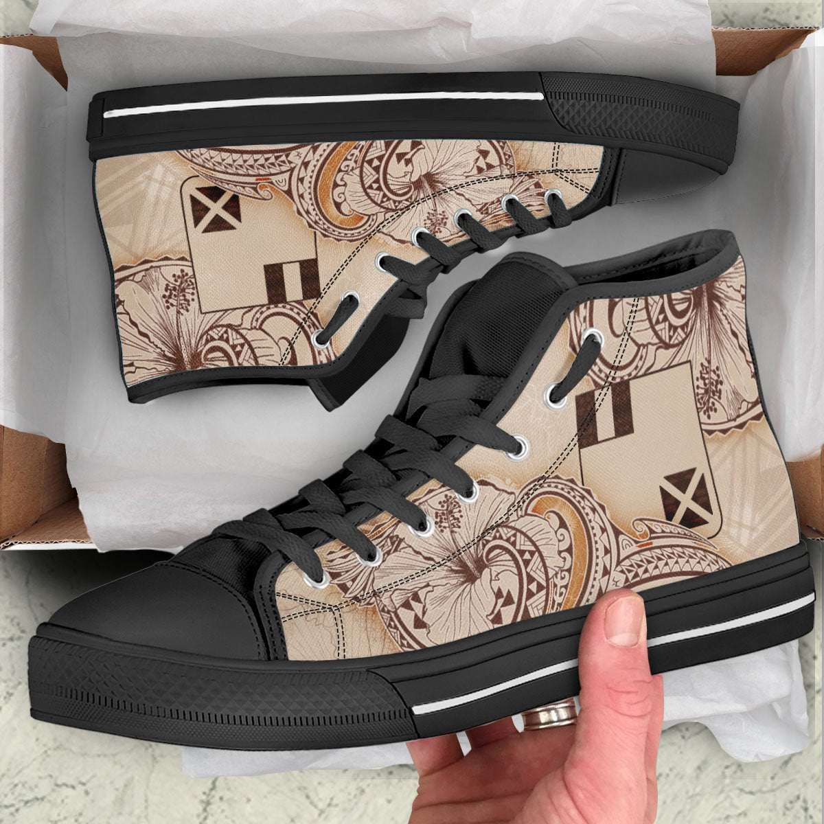 Wallis and Futuna High Top Shoes - Hibiscus Flowers Vintage Style - Polynesian Pride
