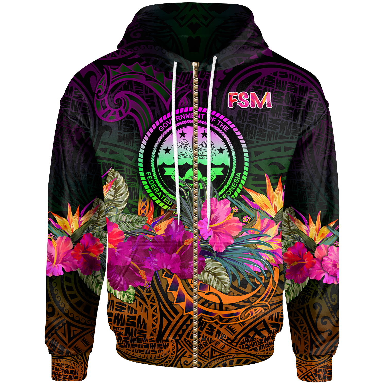 Federated States of Micronesia Zip up Hoodie Summer Hibiscus Unisex Reggae - Polynesian Pride