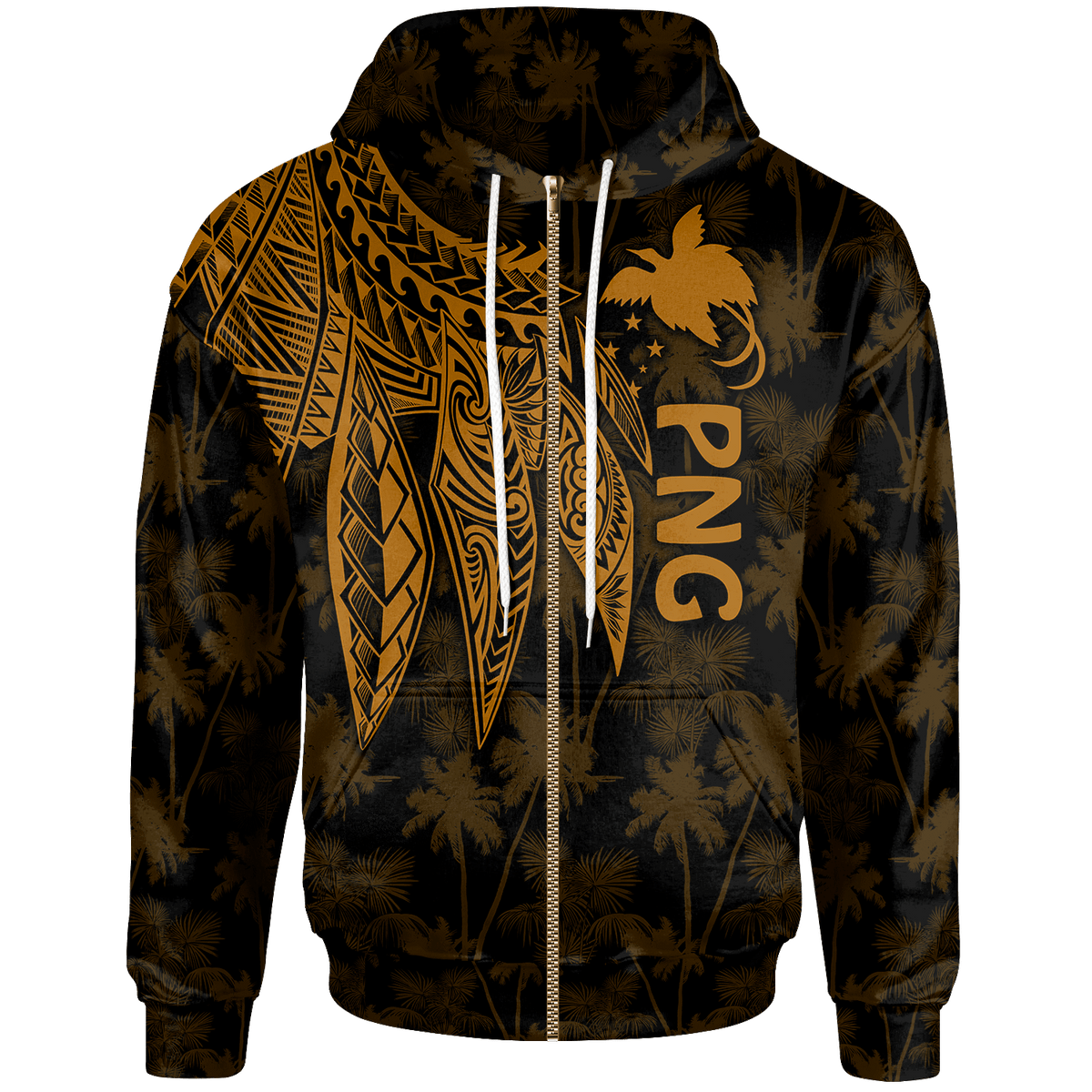 Papua New Guinea Zip up Hoodie Polynesian Wings (Golden) Unisex Golden - Polynesian Pride