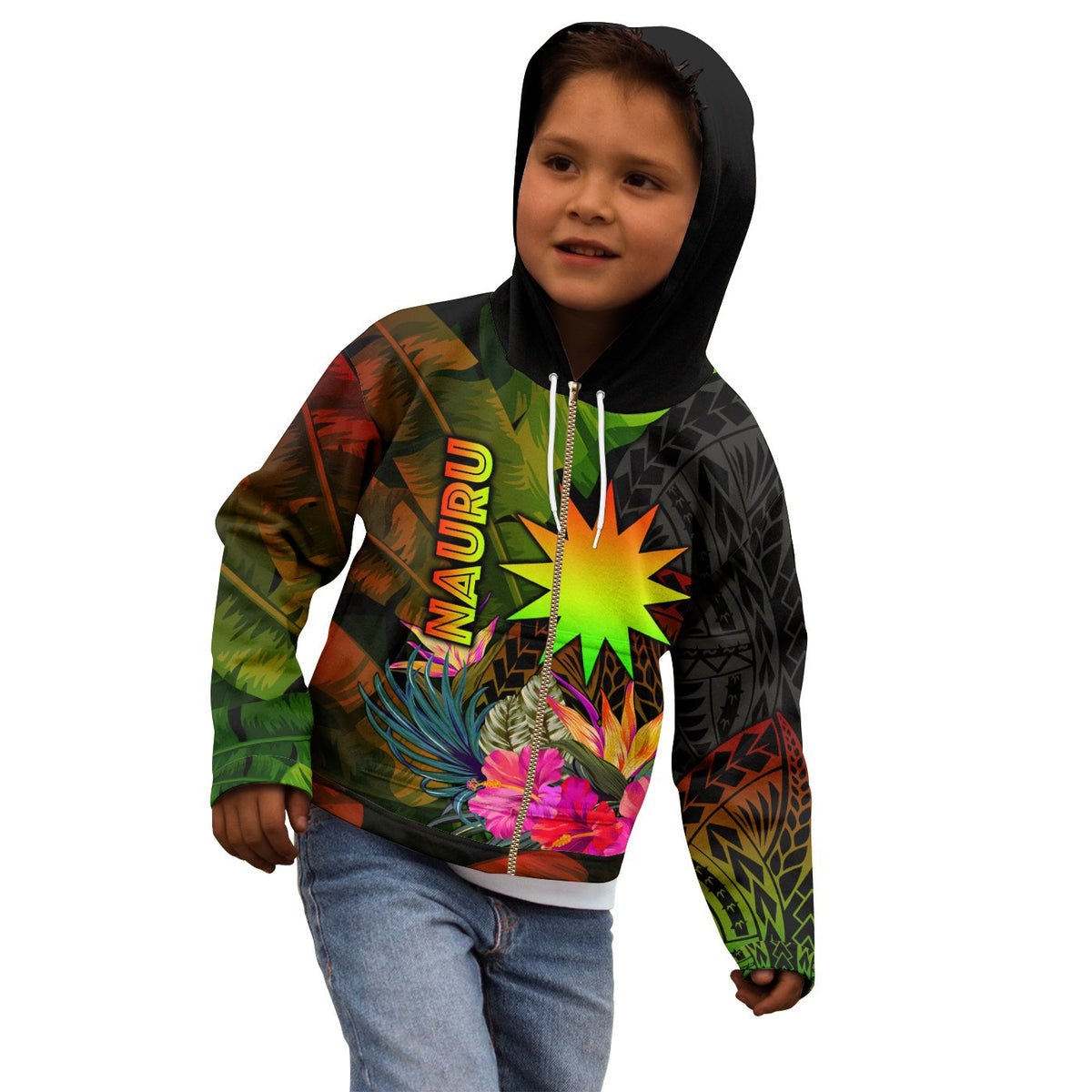 Nauru Polynesian Zip up Hoodie Hibiscus and Banana Leaves - Polynesian Pride