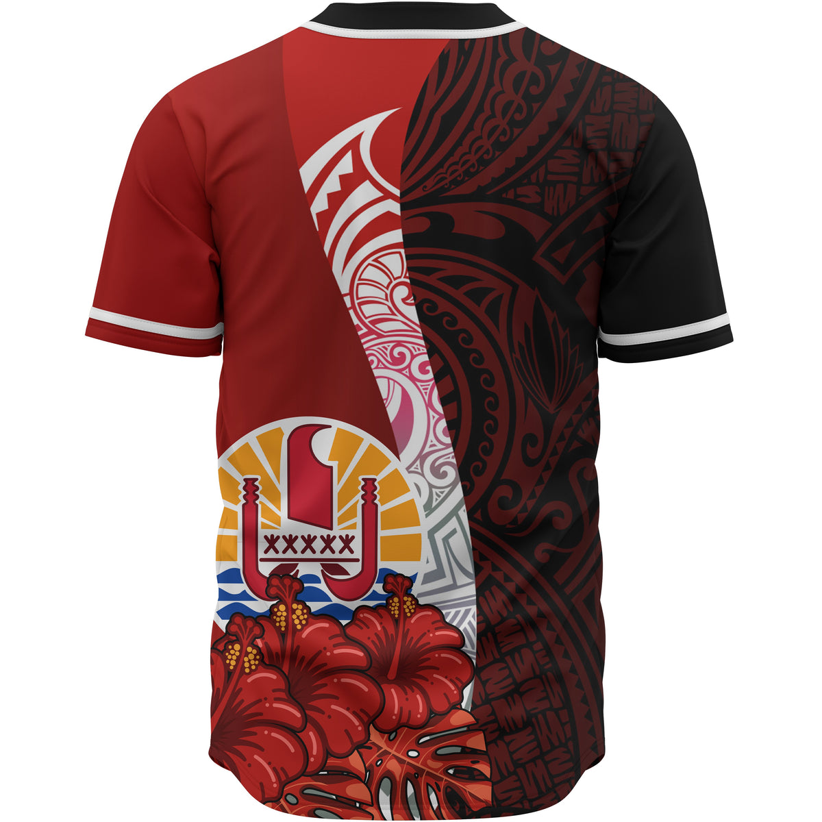 Tahiti Polynesian Custom Personalised Baseball Shirt - Coat Of Arm With Hibiscus - Polynesian Pride