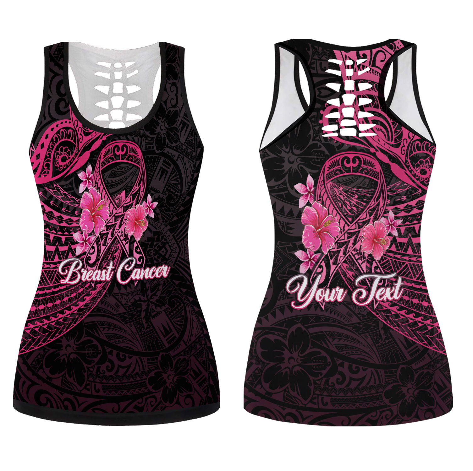 (Custom Personalised) Breast Cancer Pink Ribbon Butterfly Polynesian Black Version Hollow Tank Top - LT12 Female Black - Polynesian Pride