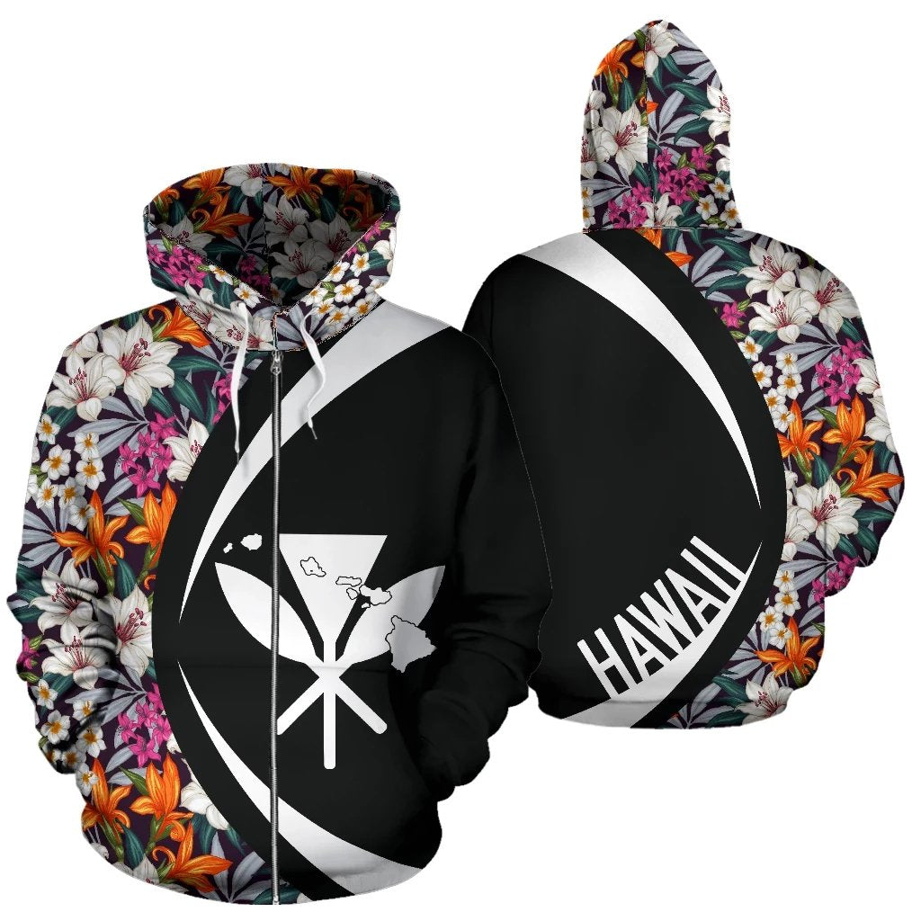 Kanaka Seamless Exotic Pattern With Tropical Leaves Flowers Zipper Hoodie Circle Style Unisex Black - Polynesian Pride
