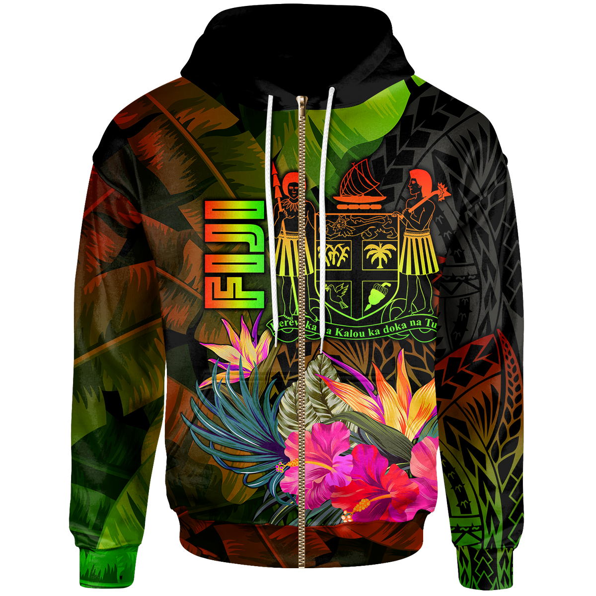 Fiji Polynesian Zip up Hoodie Hibiscus and Banana Leaves Unisex Reggae - Polynesian Pride