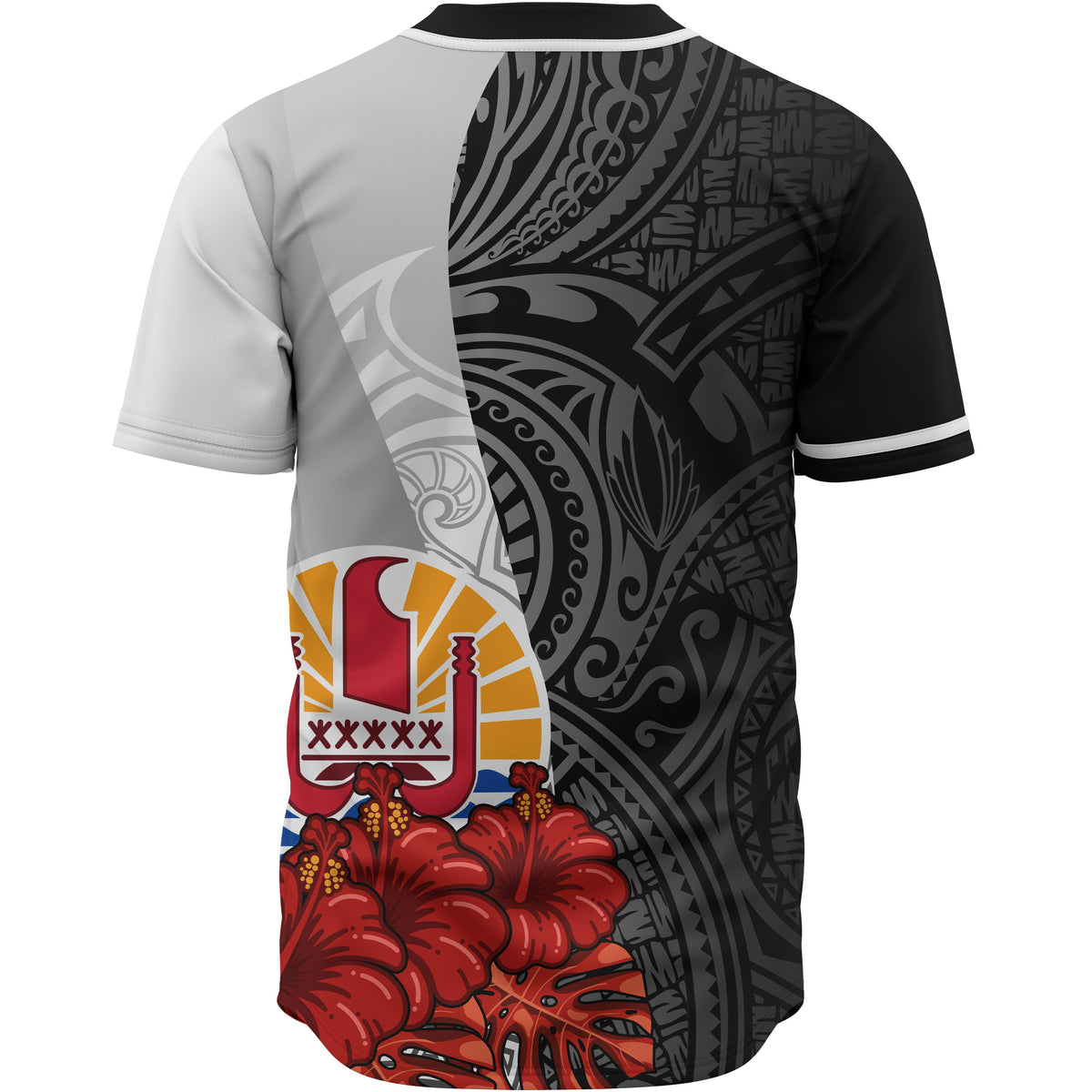 Tahiti Polynesian Custom Personalised Baseball Shirt - Coat Of Arm With Hibiscus White - Polynesian Pride