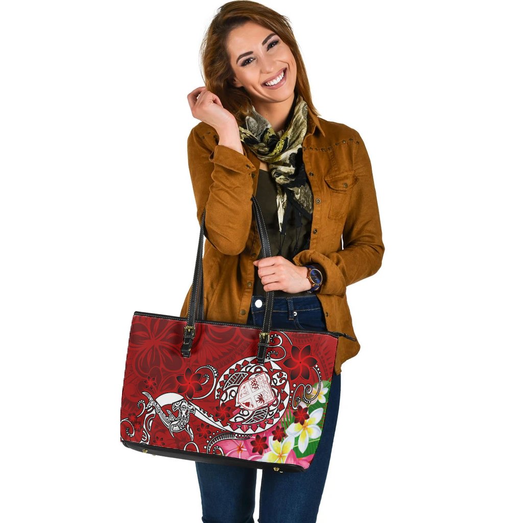 Fiji Large Leather Tote - Turtle Plumeria (Red) - Polynesian Pride