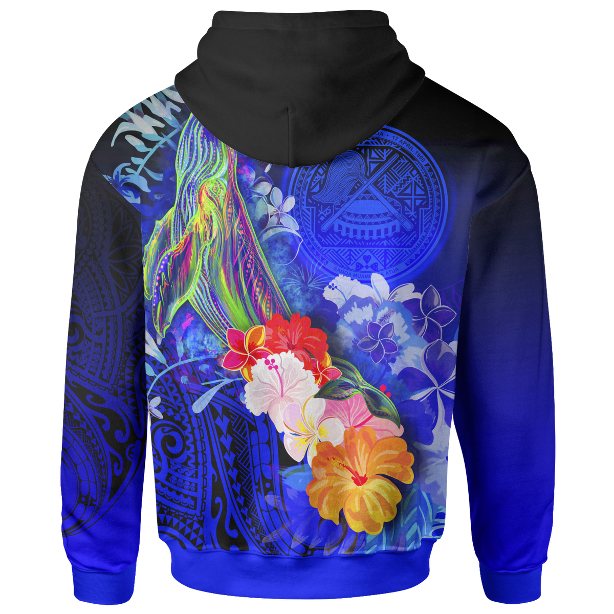 American Samoa Polynesian Zip up Hoodie Humpback Whale with Tropical Flowers (Blue) - Polynesian Pride