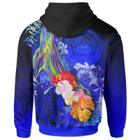 American Samoa Polynesian Zip up Hoodie Humpback Whale with Tropical Flowers (Blue) - Polynesian Pride