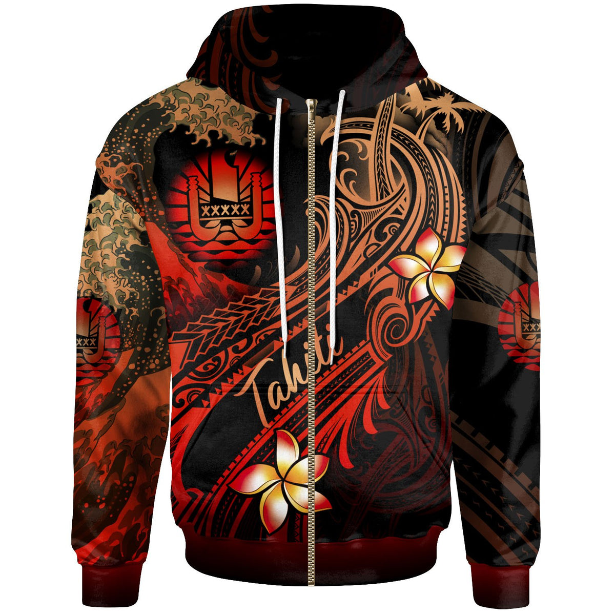 Tahiti Polynesian Zip up Hoodie Plumeria Flowers and Waves Unisex Red - Polynesian Pride