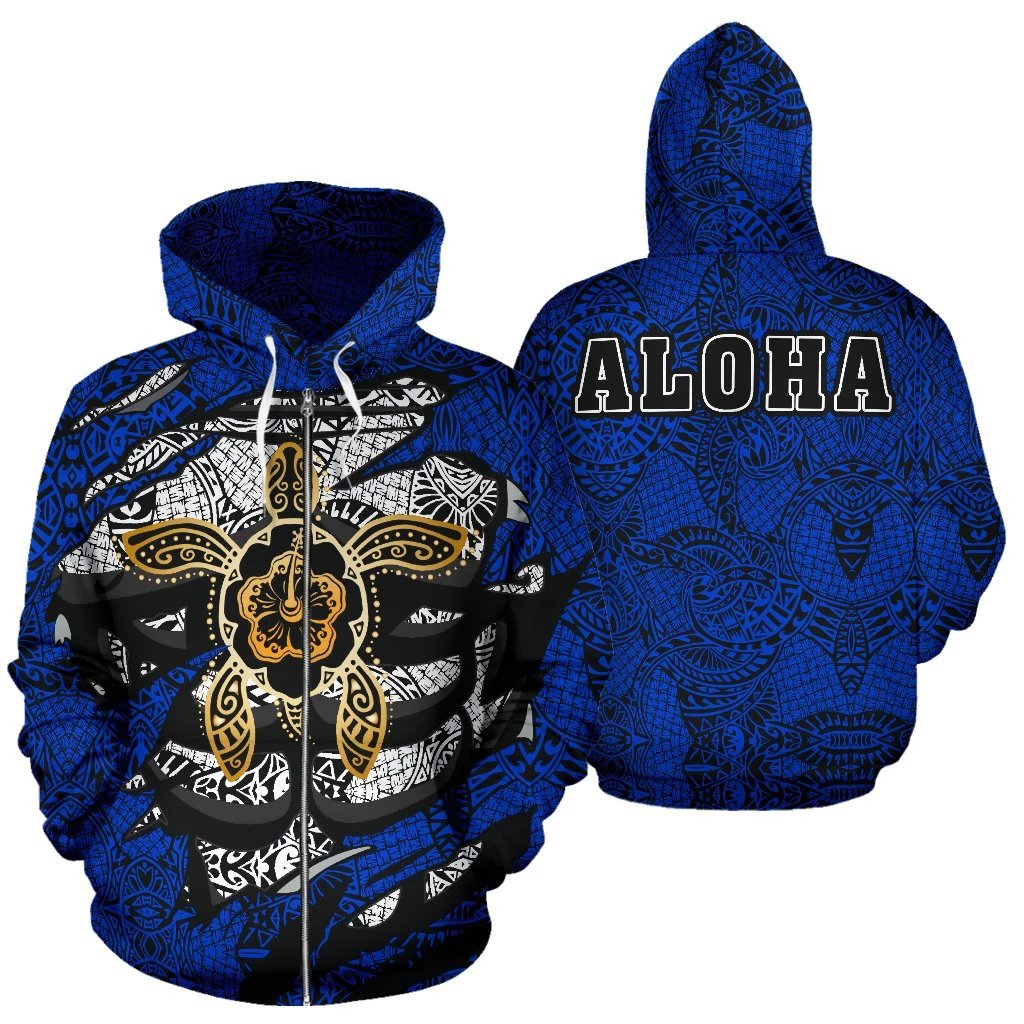 Aloha Turtle Hibiscus Polynesian Blue Zip up Hoodie Unisex White - Polynesian Pride