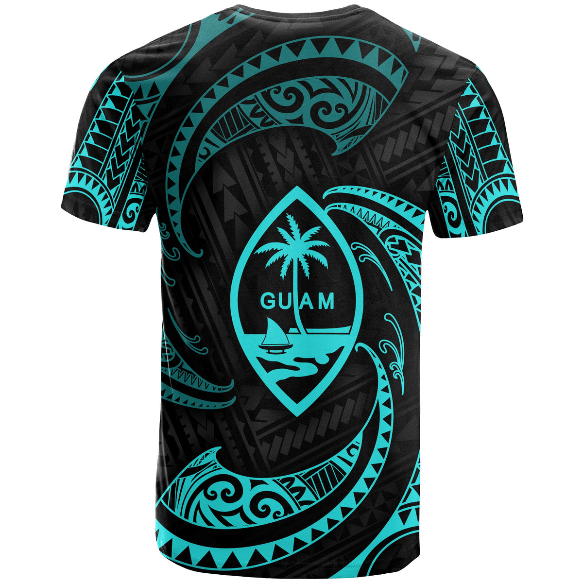 Guam Polynesian All Over T Shirt Neon Blue Tribal Wave - Polynesian Pride
