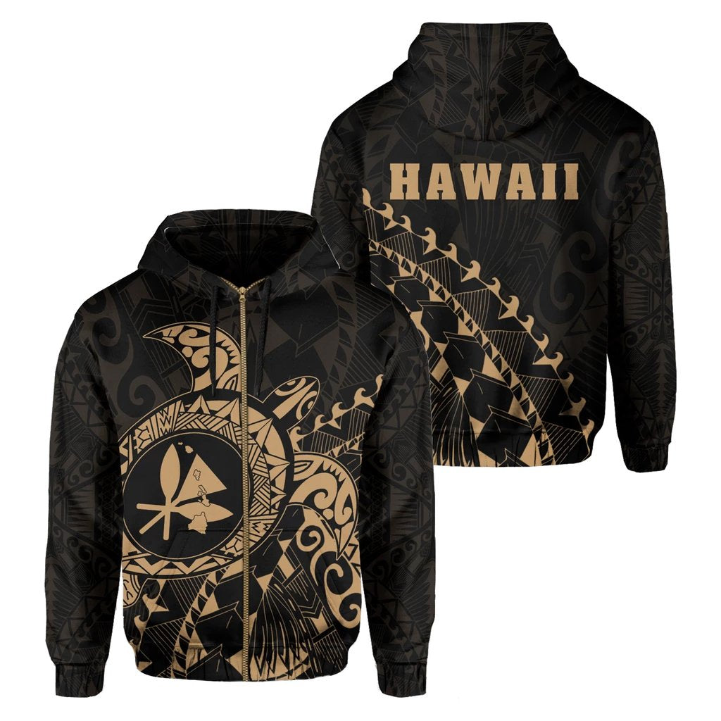 Kanaka Map Zipper Hoodie (Gold) Turtle Style Unisex Black Gold - Polynesian Pride