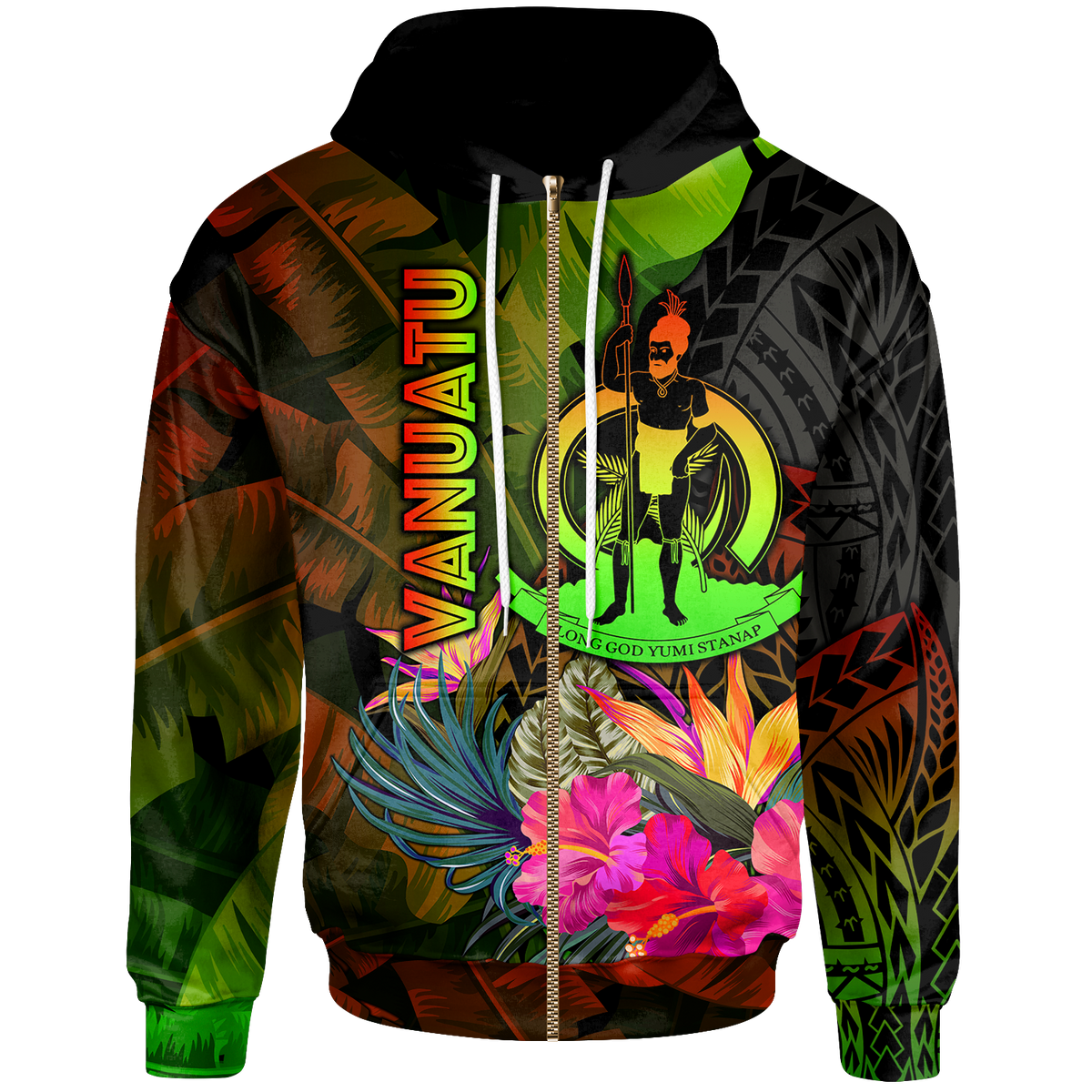 Vanuatu Polynesian Zip up Hoodie Hibiscus and Banana Leaves Unisex Reggae - Polynesian Pride