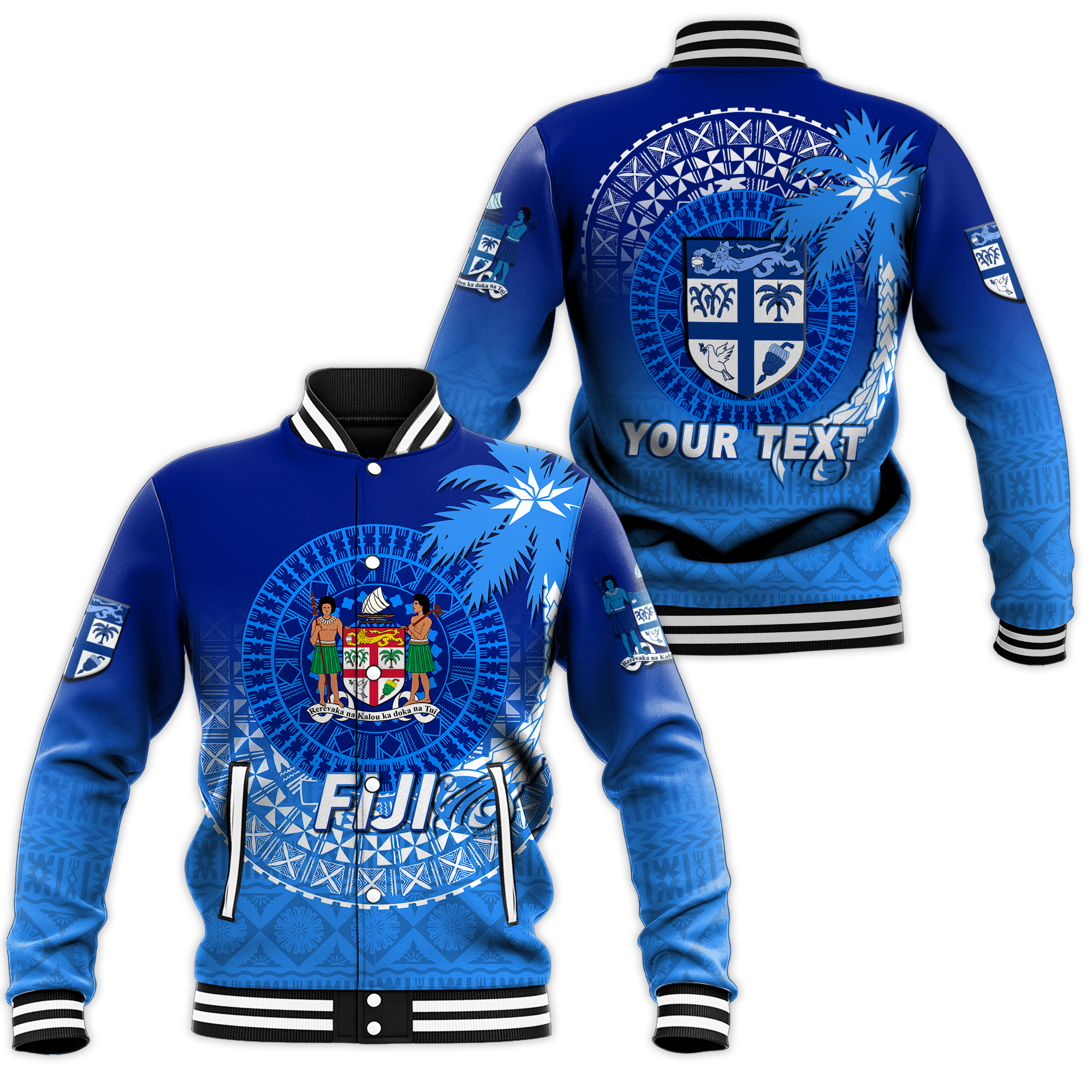 (Custom Personalised) Fiji Tapa Tribal Coconut Tree Baseball Jacket - LT12 Unisex Blue - Polynesian Pride