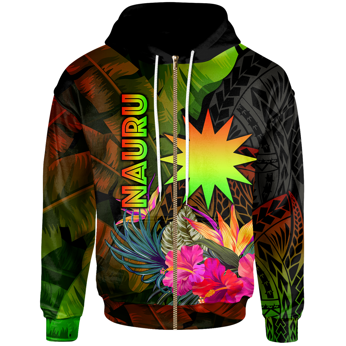 Nauru Polynesian Zip up Hoodie Hibiscus and Banana Leaves Unisex Reggae - Polynesian Pride