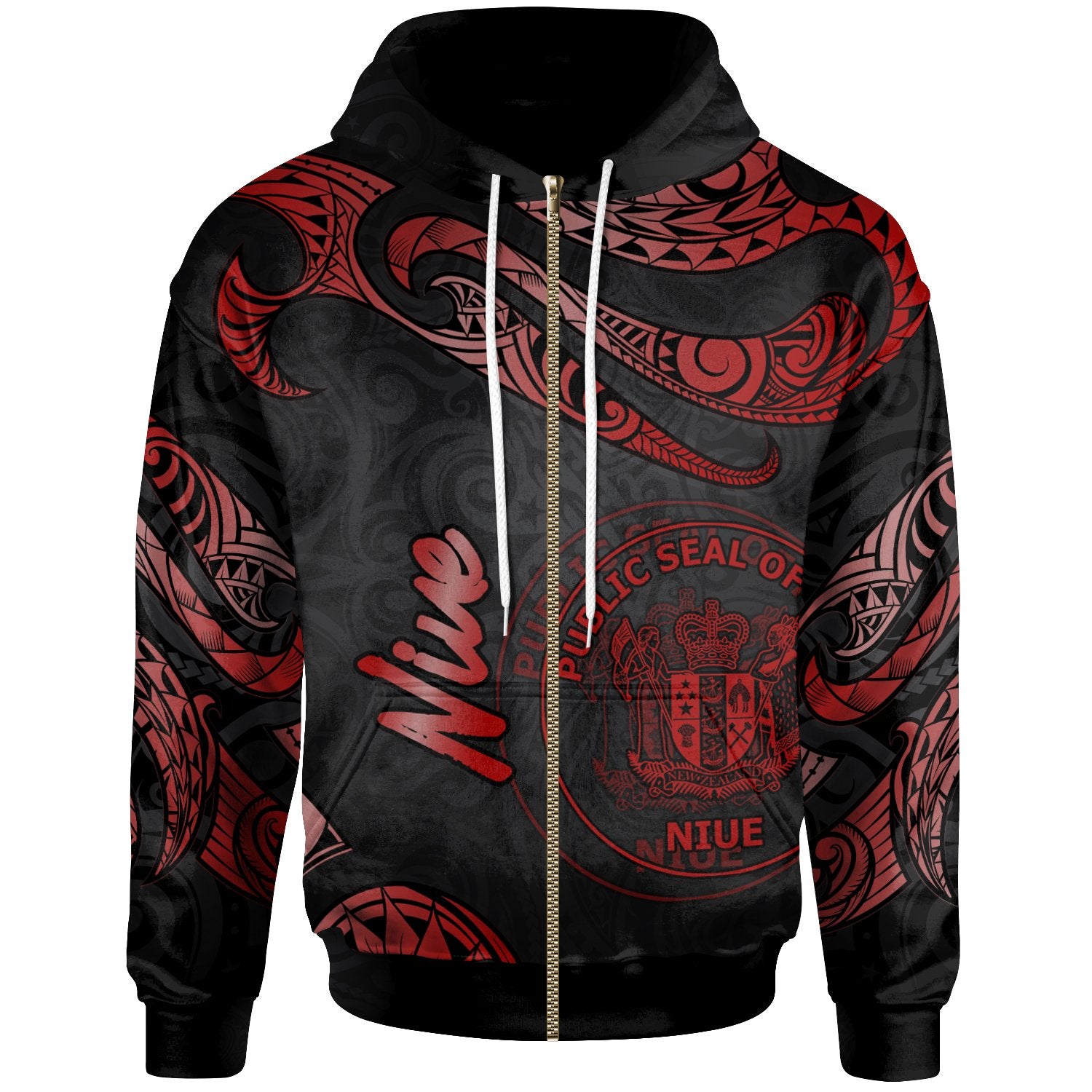 Niue Polynesian Zip Hoodie Polynesian Tattoo Red Version Unisex Red - Polynesian Pride