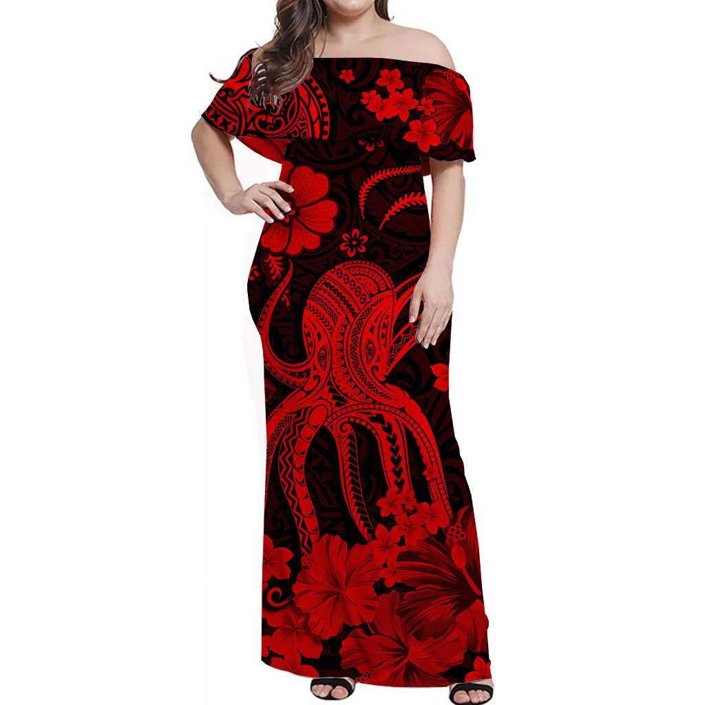 Hawaii Off Shoulder Long Dress Polynesia Red Octopus LT13 Women Red - Polynesian Pride