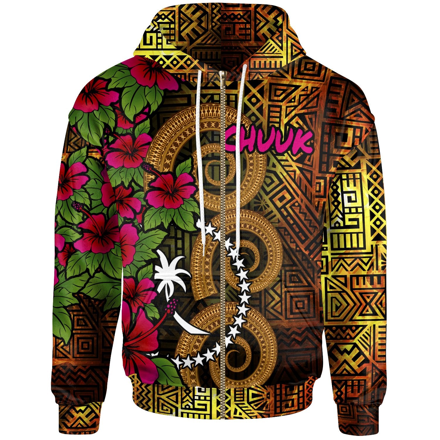 Chuuk Micronesia Zip up Hoodie Hibiscus Vintage Unisex Orange - Polynesian Pride