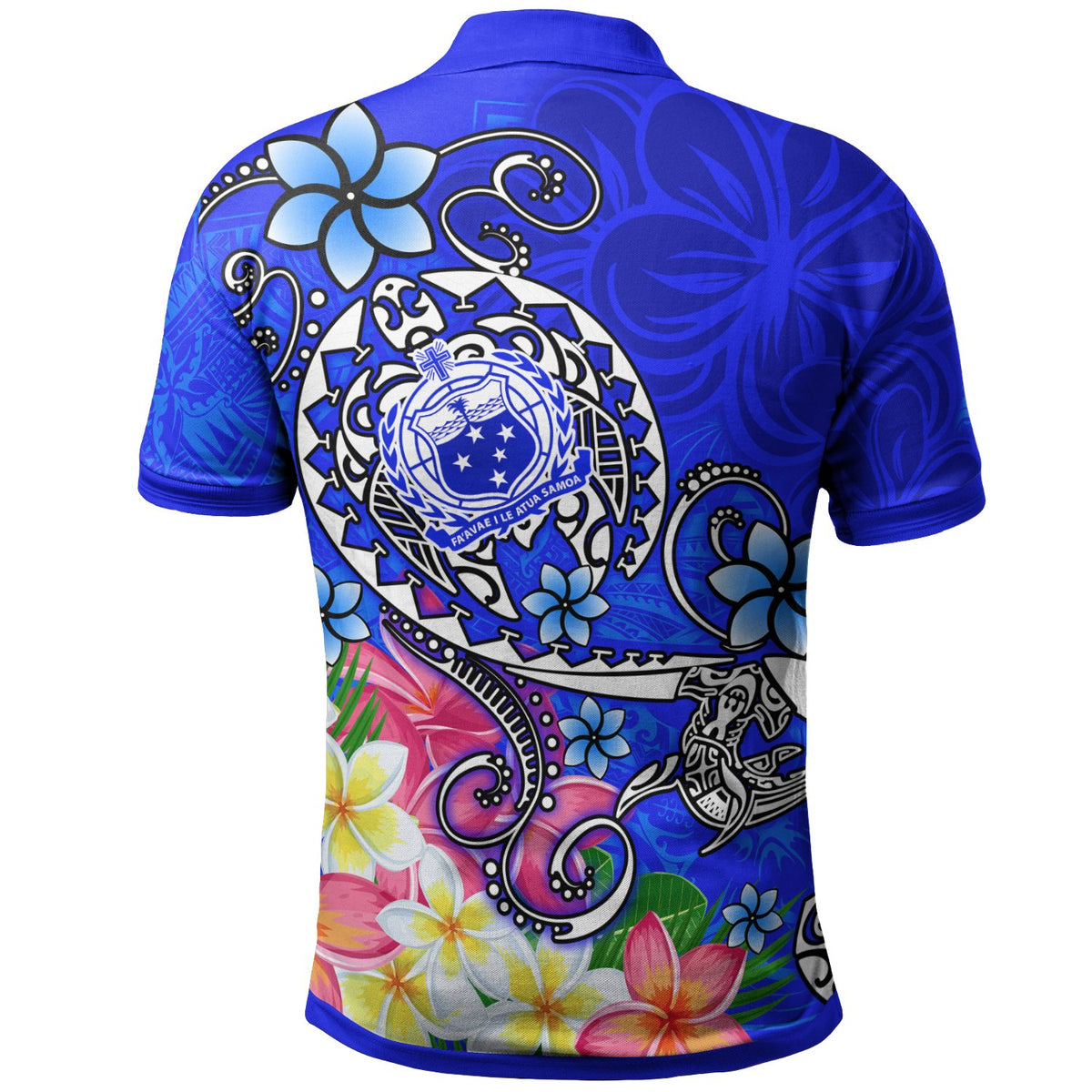 Samoa Polo Shirs Turtle Plumeria (Blue) - Polynesian Pride