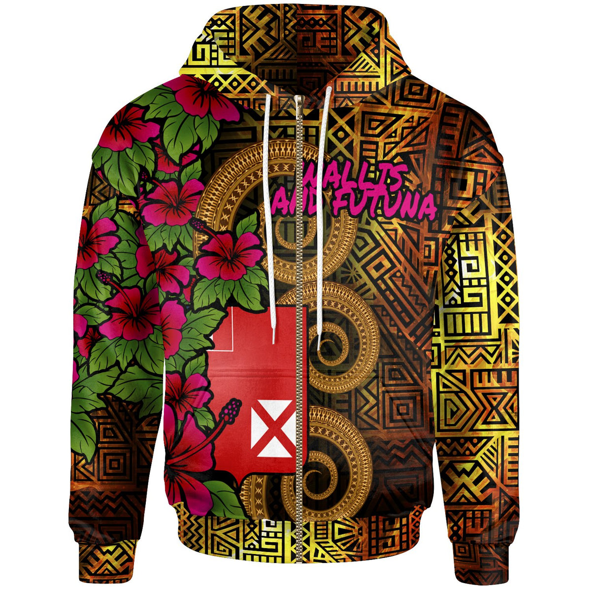 Wallis and Futuna Polynesian Zip up Hoodie Hibiscus Vintage Unisex Orange - Polynesian Pride