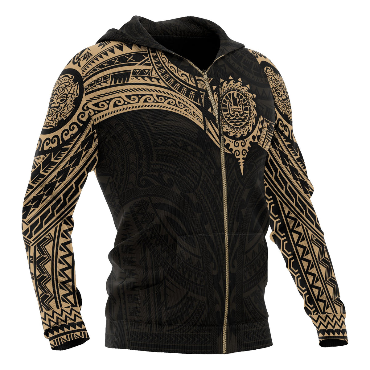 Tahiti Polynesian Zip up Hoodie Gold Heart Shield - Polynesian Pride