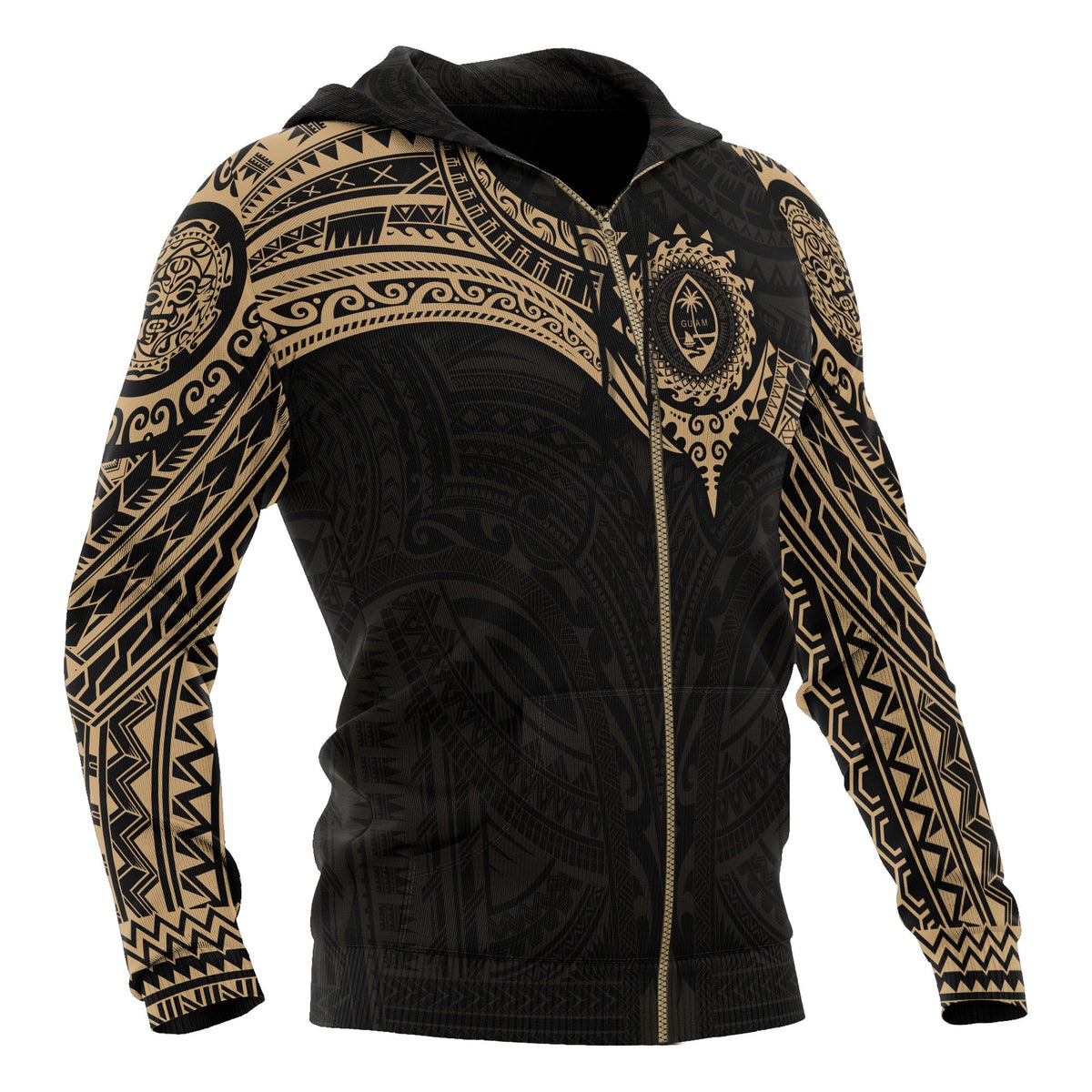 Guam Polynesian Zip up Hoodie Gold Heart Shield - Polynesian Pride