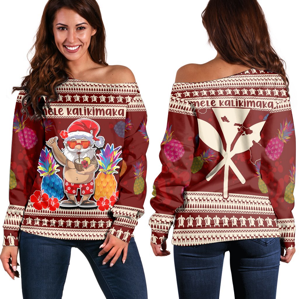 Hawaii Santa Claus Pineapple Pattern Women's Off Shoulder Sweater - Dry Style - AH Red - Polynesian Pride