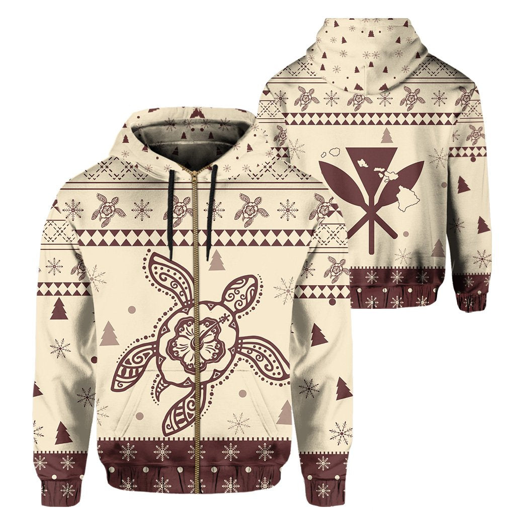 Hawaii Christmas Turtle Pattern Hoodie (Zip up) Keep Style Unisex Beige - Polynesian Pride