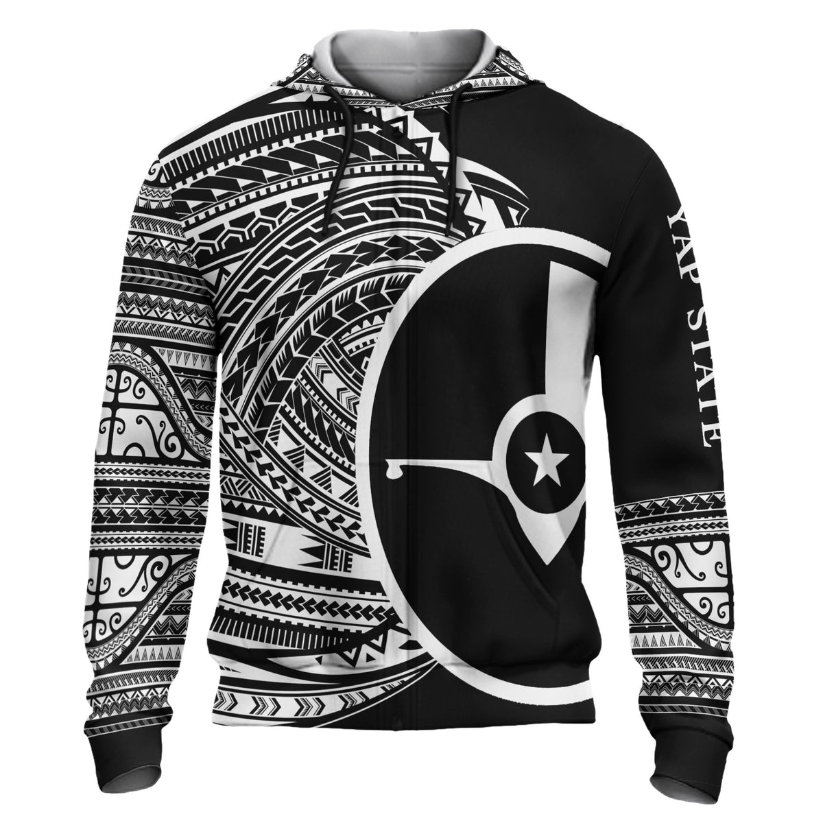 Yap Hoodie Micronesia White Patterns With Coat of Arms Unisex Black - Polynesian Pride