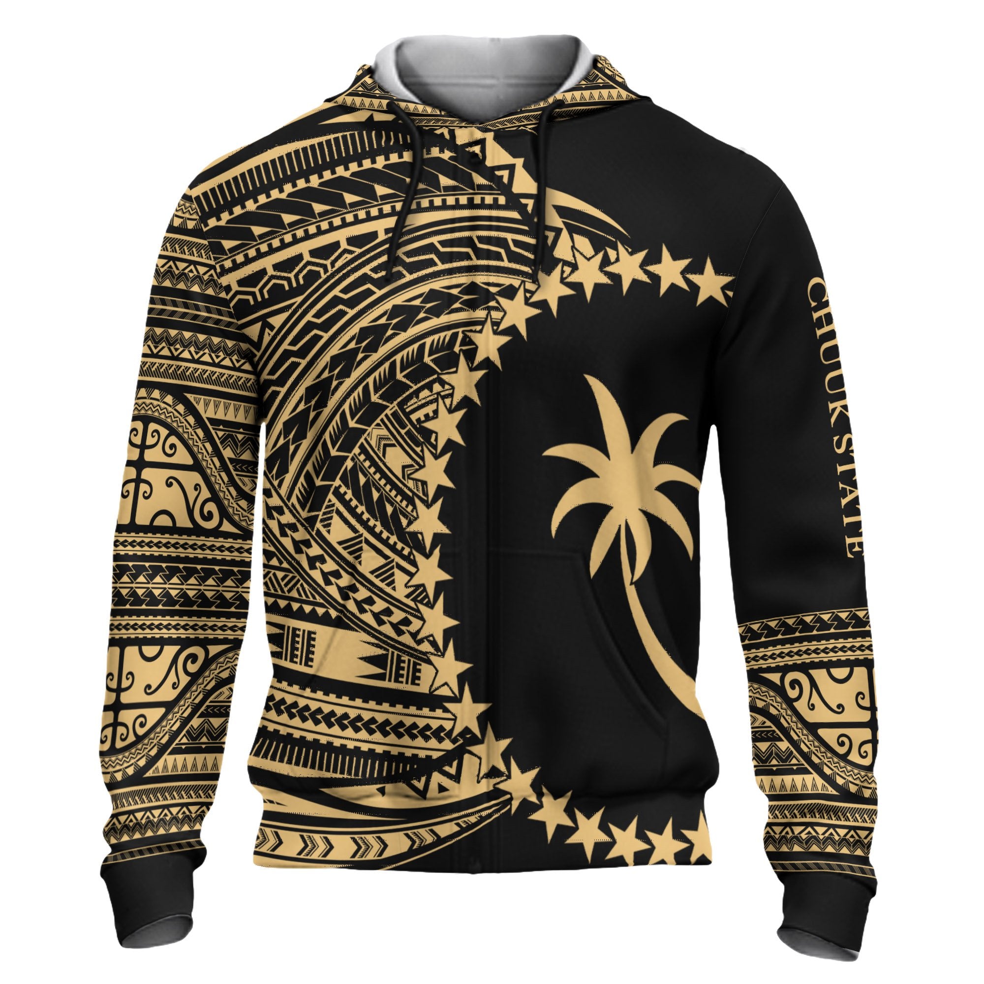 Chuuk Hoodie Micronesia Gold Patterns With Coat of Arms Unisex Black - Polynesian Pride