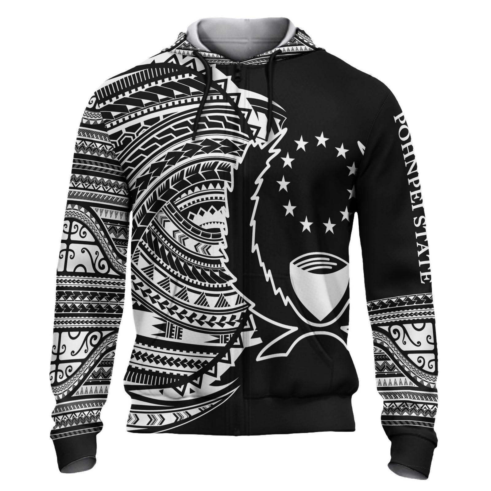 Pohnpei Hoodie Micronesia White Patterns With Coat of Arms Unisex Black - Polynesian Pride