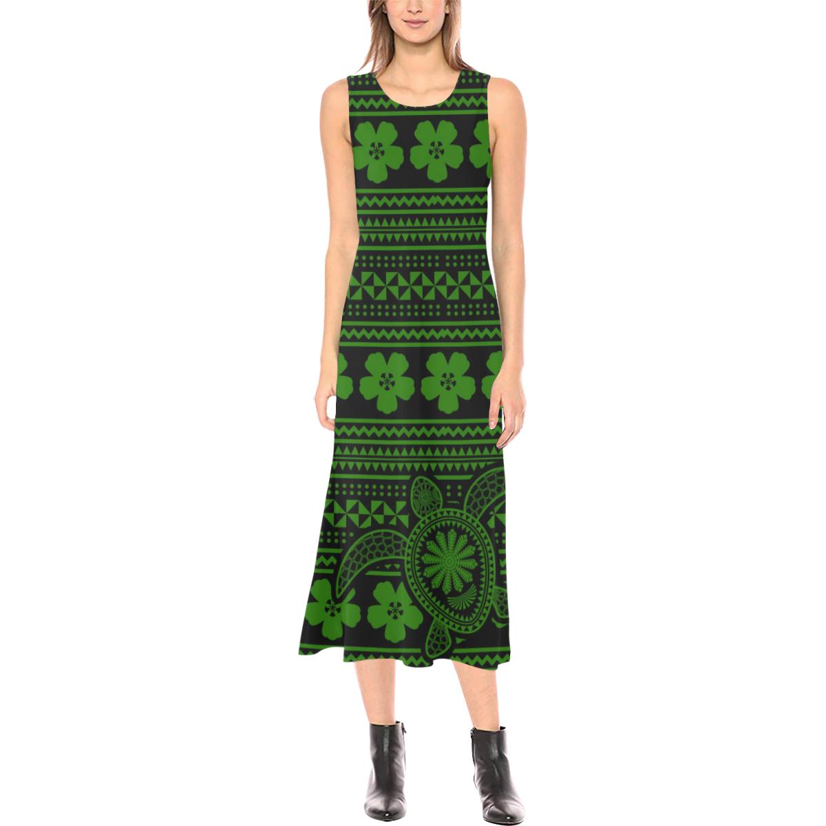 Polynesian Phaedra Sleeveless Open Fork Long Dress - Green Turtle Women Green - Polynesian Pride