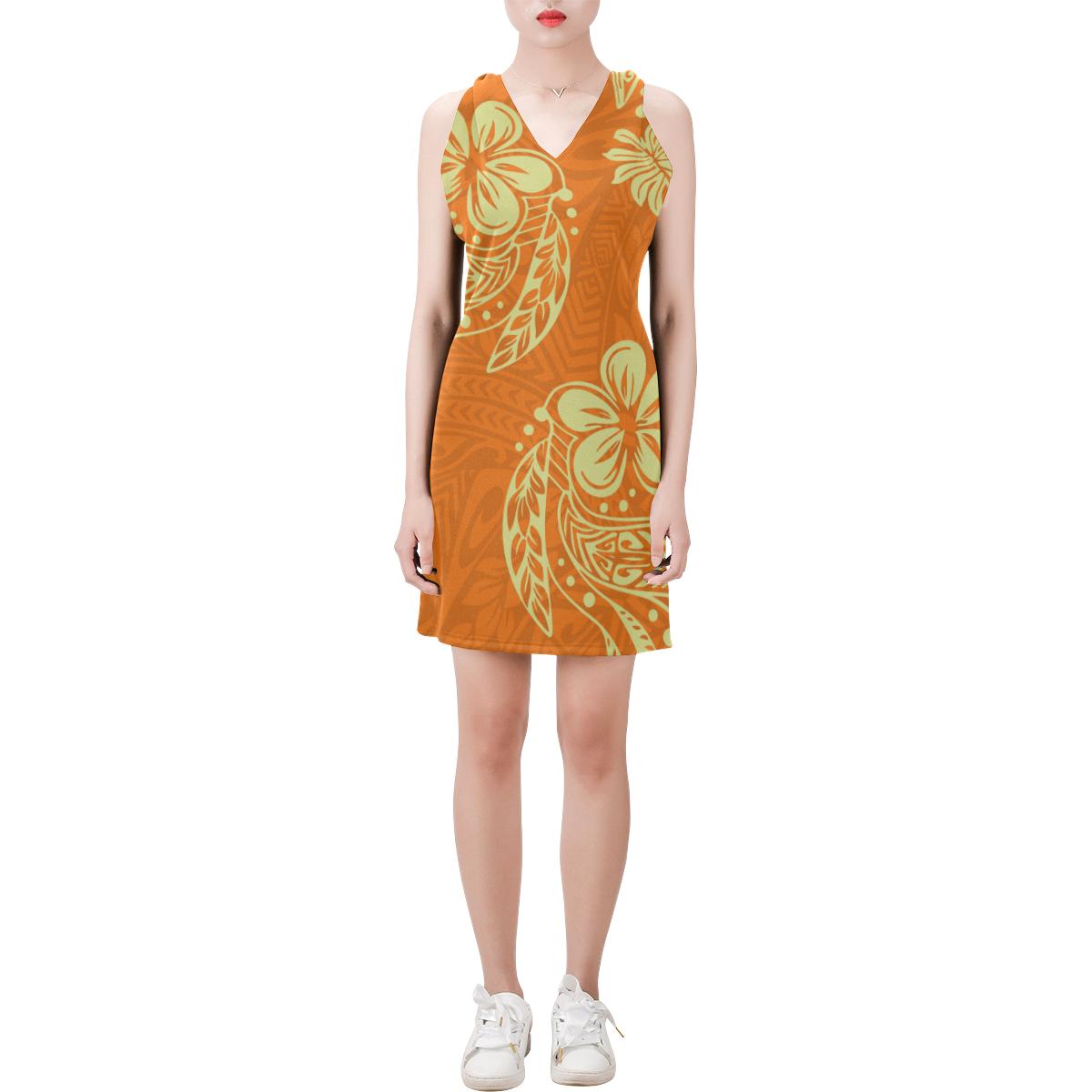 Polynesian Floral Sleeveless V Neck Dress - Orange Version Women Orange - Polynesian Pride