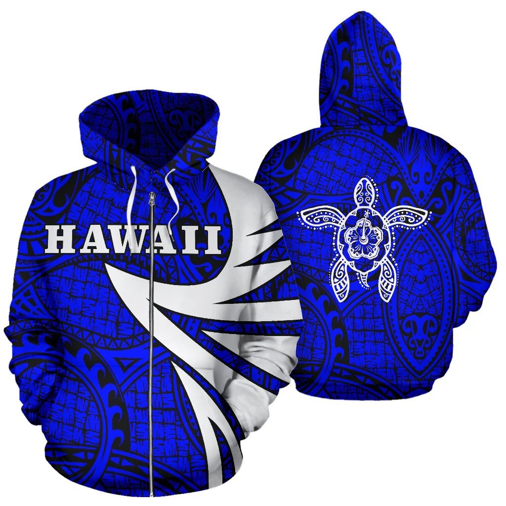 Hawaii Turtle Polynesian Zip up Hoodie Blue Warrior Style Unisex Blue - Polynesian Pride