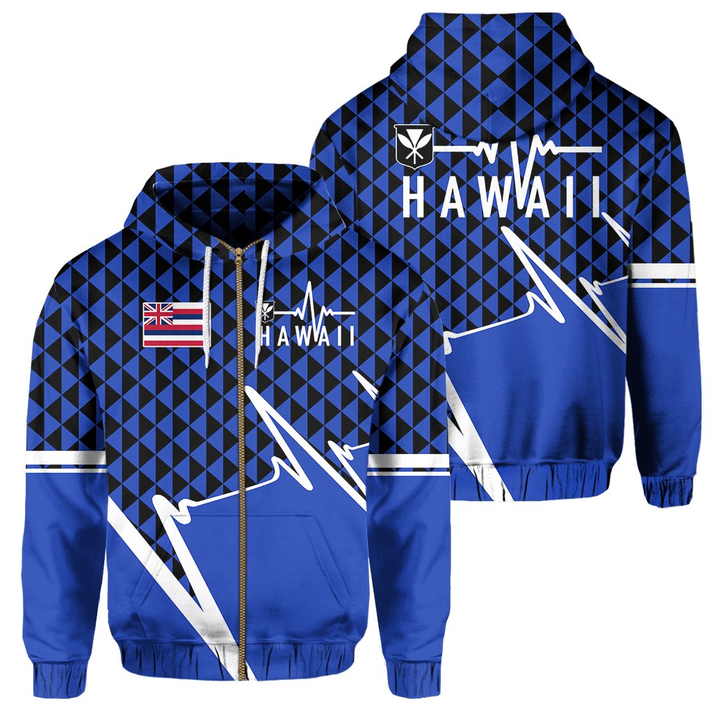 Kakau Hawaii In My Heartbeat Flag of Hawaii Zip Hoodie Blue Unisex Blue - Polynesian Pride