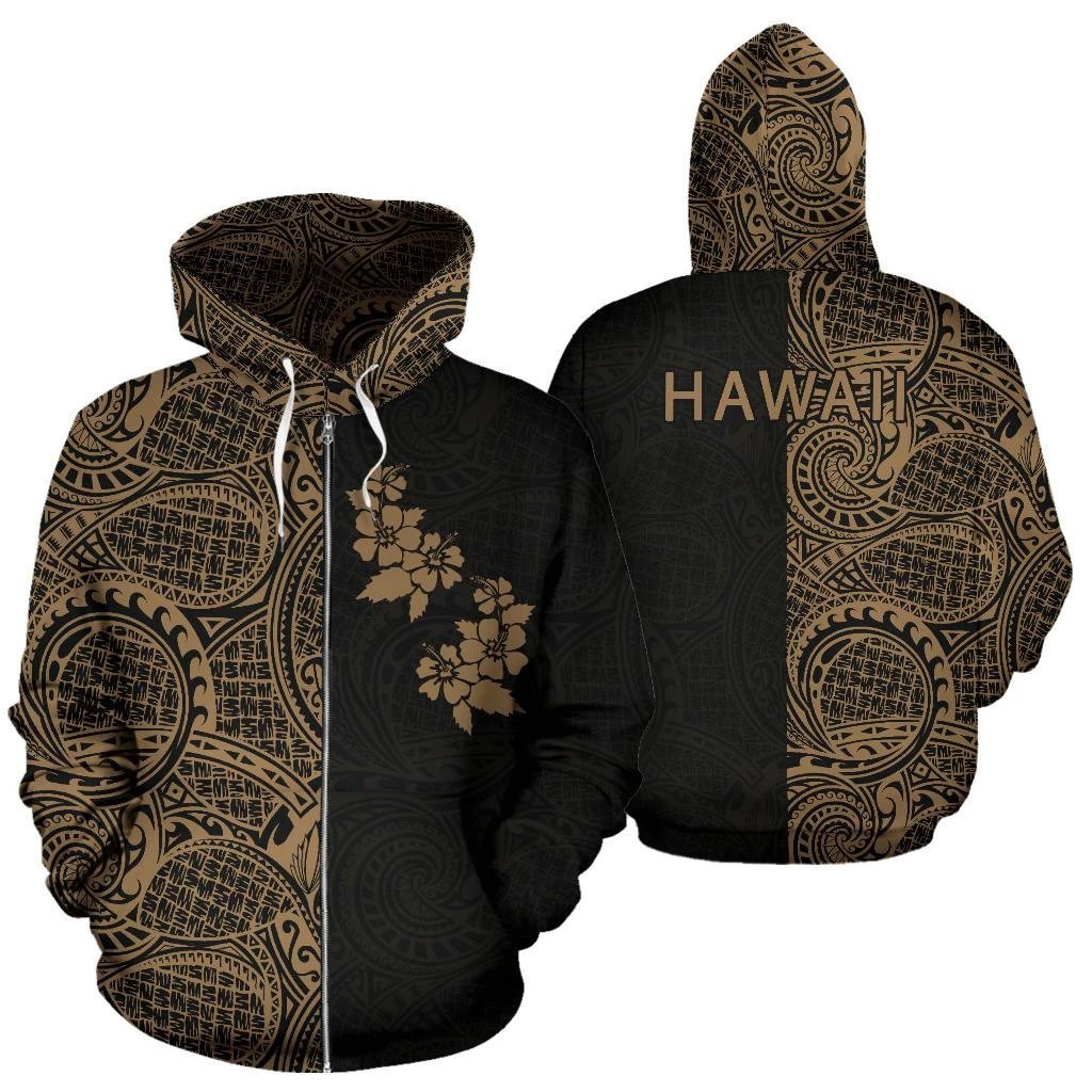 Hibiscus Hoodie Zip up Polynesian Half Style Gold Unisex White - Polynesian Pride