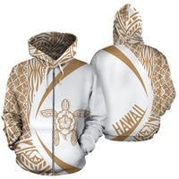 Hawaii Turtle Polynesian Zip up Hoodie Circle Style Golden and White Unisex Gold - Polynesian Pride