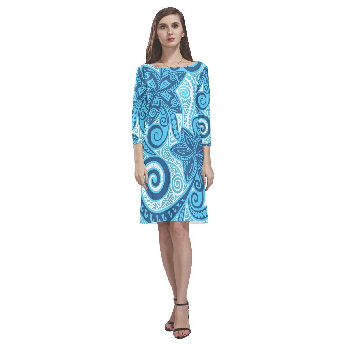 Polynesian Floral - Rhea Loose Round Neck Dress - Blue Retro Women Blue - Polynesian Pride