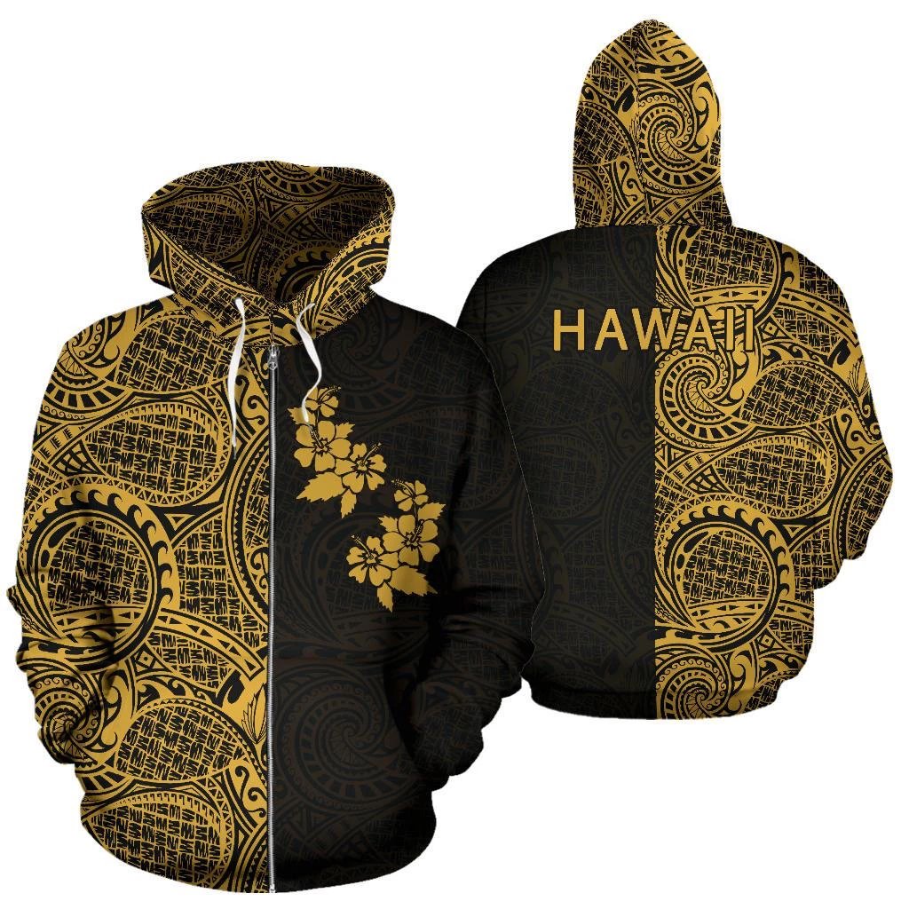 Hibiscus Hoodie Zip up Polynesian Half Style Gold Unisex Gold - Polynesian Pride