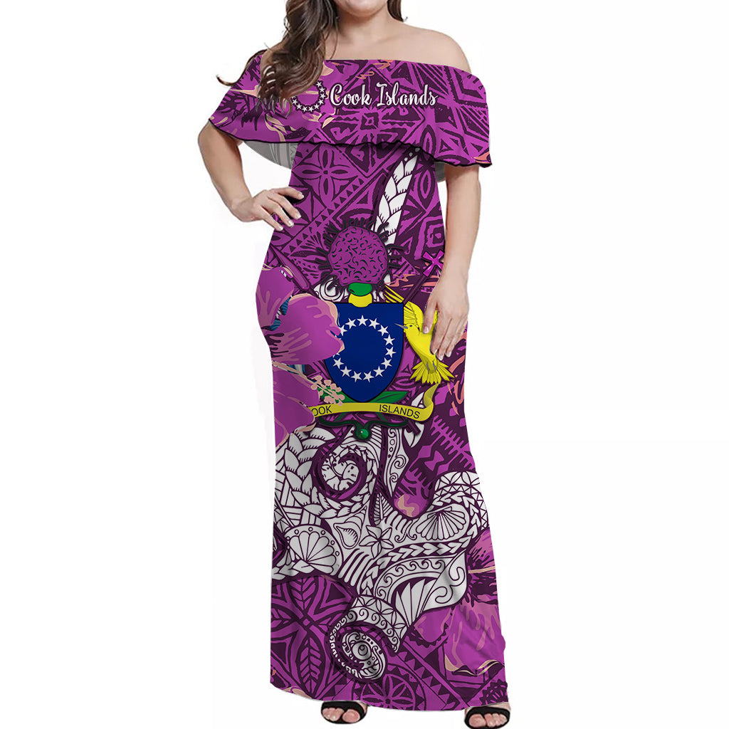 Cook Islands Off Shoulder Long Dress Hammerhead Shark Purple LT13 Long Dress Purple - Polynesian Pride