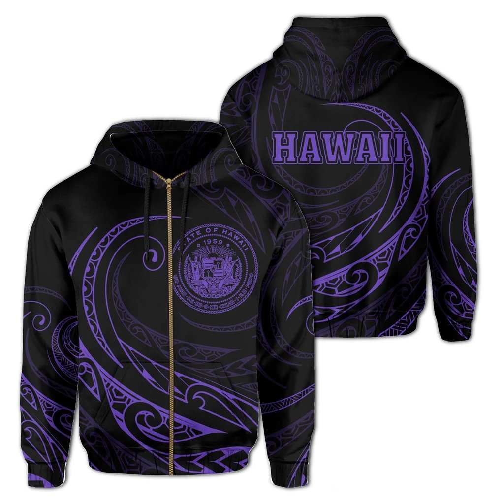 Hawaii Zipper Hoodie Frida Style Purple Unisex Black - Polynesian Pride