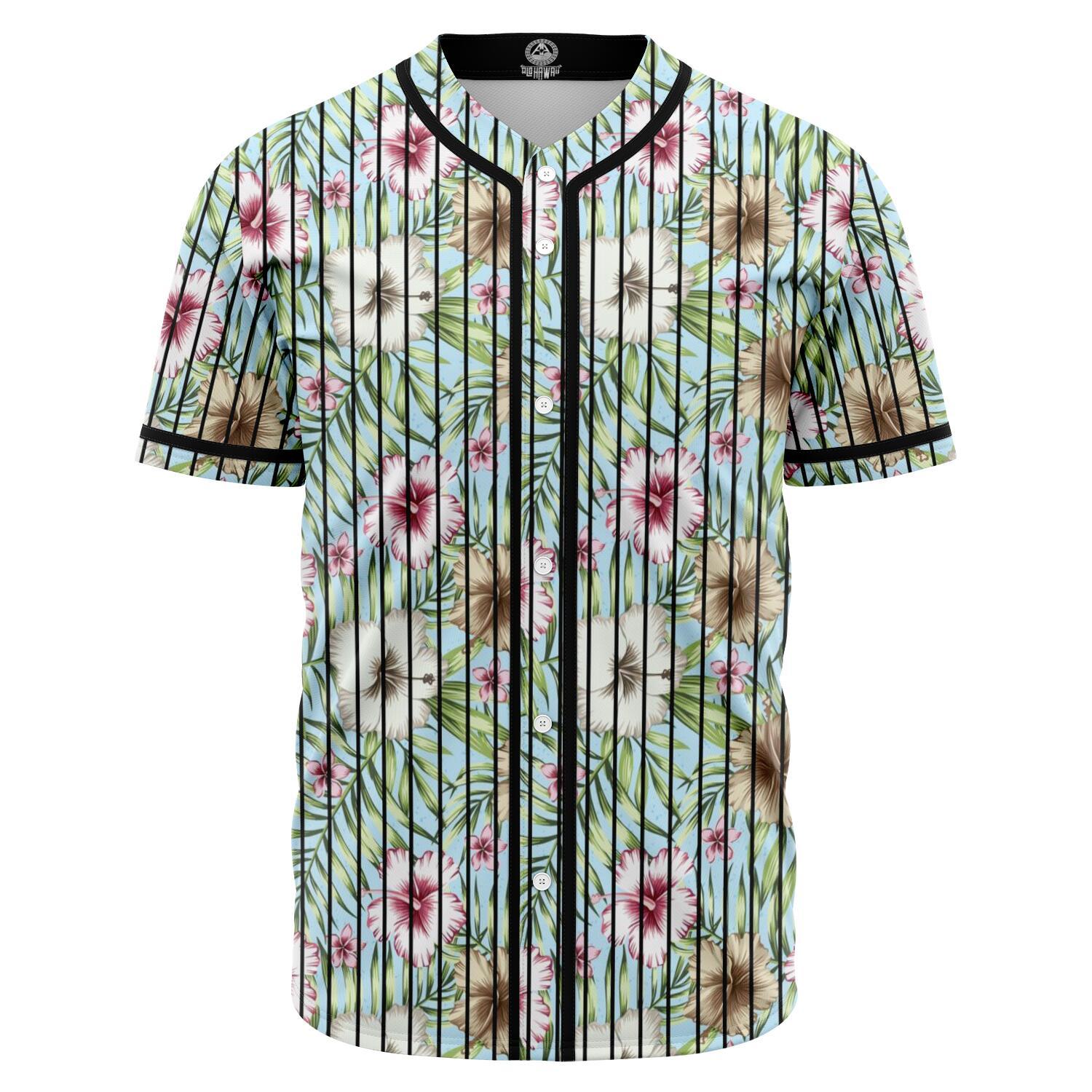 Tropical Hibiscus Palm Leaves Baseball Jersey Black - Polynesian Pride