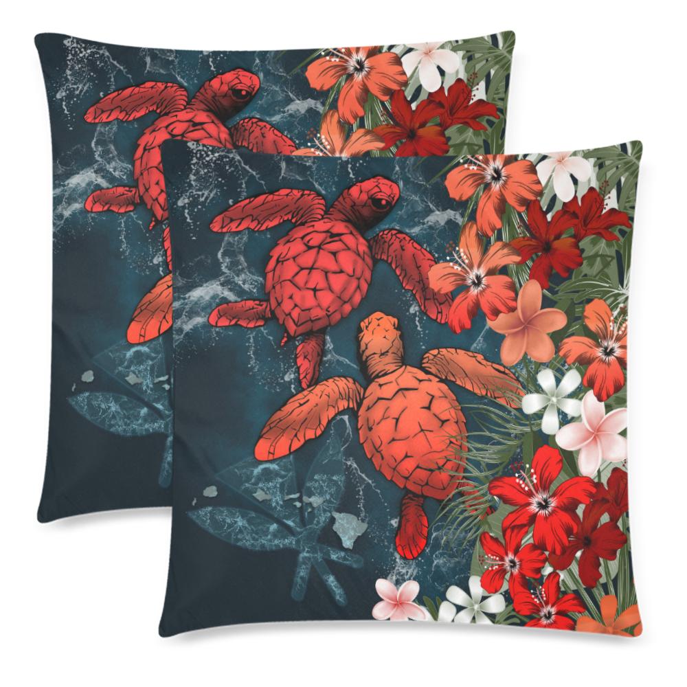 Kanaka Maoli (Hawaiian) Pillow Cases - Sea Turtle Tropical Hibiscus And Plumeria Red - Polynesian Pride