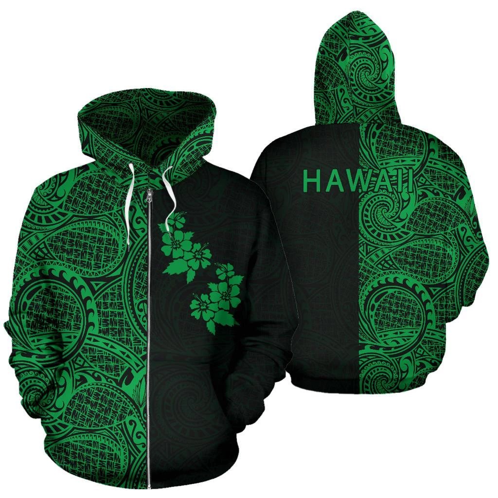 Hibiscus Hoodie Zip up Polynesian Half Style Green Unisex Green - Polynesian Pride