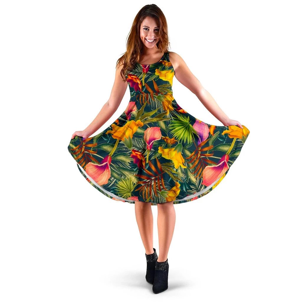 Hawaii Seamless Tropical Flower Plant And Leaf Pattern Midi Dress Midi Dress Green - Polynesian Pride